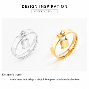 Gold Tone Padlock <b>Charm</b> Ring Polished Band with Dangle Lock Pendant Modern Statement Jewelry - Product Image 4