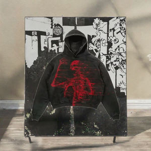 OEM Custom Logo Lined Pullover 100% Cotton Oversized Acid Wash Skull Print <b>Vintage</b> Distressed Hoodie for Men - Product Image 3