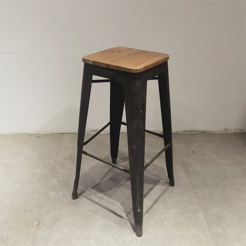 Industrial Industrial Farmhouse Old Wood Top Metal Frame Retro Bar Stool