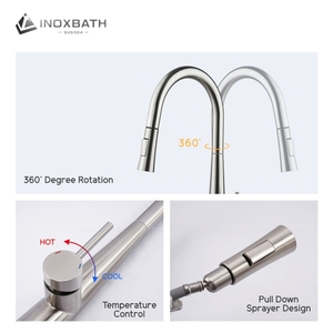 Robinet de cuisine <span class=keywords><strong>professionnel</strong></span> en acier inoxydable 304 brossé avec <span class=keywords><strong>douchette</strong></span> extractible et mitigeur chaud/froid - Product Image 4