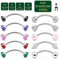 Assortiment de piercings pour sourcils en acier inoxydable 316L à filetage externe, barbells incurvés avec CZ, cœur, boule scintillante et cône, pour fêtes Rave