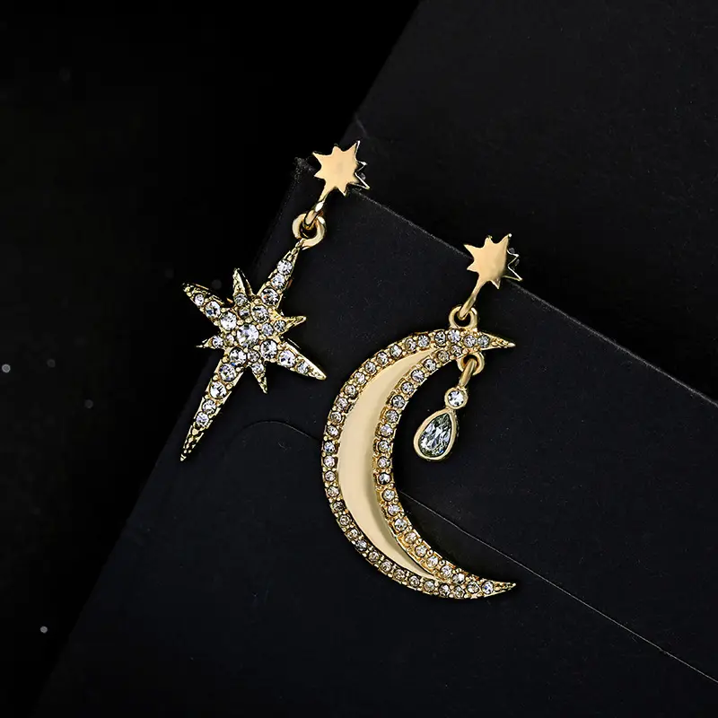 Pendientes clásicos con diamantes de imitación para mujer, joyería de moda, chapado en oro de 18K, de lujo, Luna y Estrella, 2023