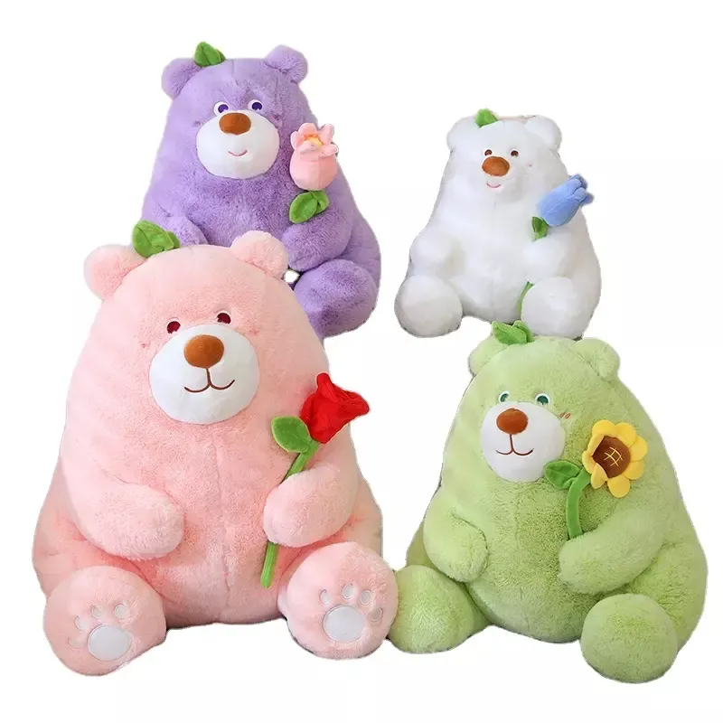 Custom fat bear stuffed animal plush toy pink green white lovely sit bear with flower rose sunflower Valentine's Day Gift girl