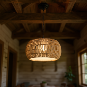 18 Inch <b>Rattan</b> Drum <b>Pendant</b> <b>Light</b> E26 Base Adjustable Height Farmhouse Style Indoor Chandelier - Product Image 2