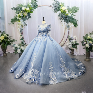 Jancember 9964 <b>Glitter</b> Blue High Neck Sequined Lace <b>Fabric</b> 16 Girls Party Dress For Quinceanera - Product Image 2