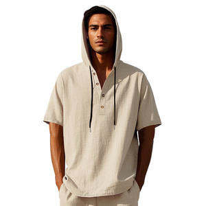 Cross Border Men's Summer <b>Linen</b> Hooded Henley <b>Shirt</b> <b>Short</b> <b>Sleeve</b> Breathable Casual Loose Fit Sport Wear - Product Image 5