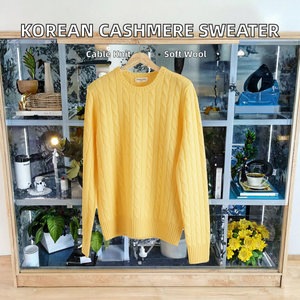 여성용 퓨어 캐시미어 스웨터 한국 스타일 클래식 케이블 디자인 캐주얼 루즈핏 긴팔 겨울 니트 - Product Image 2