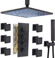 Ensemble de système de douche thermostatique en laiton à effet de pluie à DEL noir mat de 16 pouces