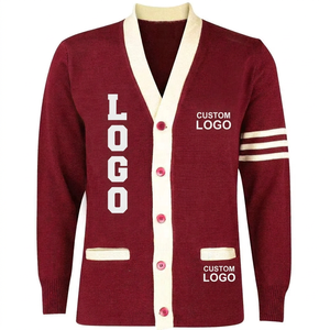 Custom Logos Men's Winter Solid Maroon V-Neck Thick <b>Cardigan</b> <b>Sweater</b> Cream Pink Buttons Full Sleeve Acrylic Knit Casual - Product Image 2