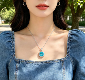 Collar de Plata 925 con Cristal Paraiba, Diseño Cuadrado Brillante, para Fiestas, Vacaciones, Uso Diario, Regalo de Cumpleaños para Chicas, Sorpresa - Product Image 6