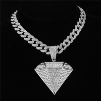 Bijoux Hip Hop Icy Bling Pendentif en forme de diamant avec strass plaqué or de luxe pour hommes avec chaîne de collier cubain Miami