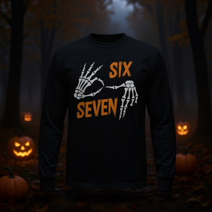 Camiseta de manga larga con diseño de seis siete manos de esqueleto, camiseta con meme de Halloween - Product Image 3