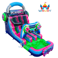 Toboggan gonflable double piste de 16 pieds avec piscine, jeux et décorations pour location de fête en extérieur, divertissement aquatique