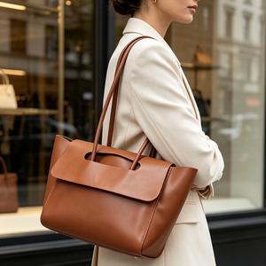 Sac fourre-tout en cuir PU marron grande capacité avec logo personnalisé, sac à bandoulière en cuir végétalien souple pour femme, idéal pour le quotidien, le travail et les voyages - Product Image 1