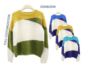 Manufacturing Customized Geometric Mohair Wool Sweater Crew Neck Sweater Long Sleeved Women Sweater