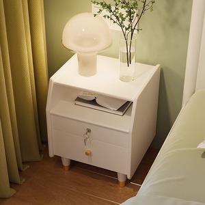 Solid Wood Nightstand White Modern Minimalist <b>Small</b> Bedside Cabinet With Lockable <b>Drawer</b> Bedroom Storage Furniture - Product Image 3
