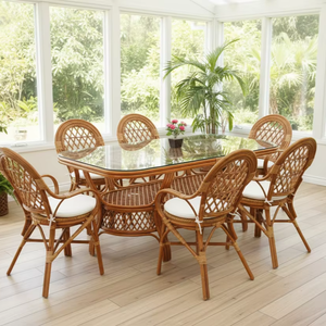 Ensemble de salle à manger moderne en rotin carré pour restaurants et hôtels commerciaux, utilisation en extérieur avec table longue - Product Image 2