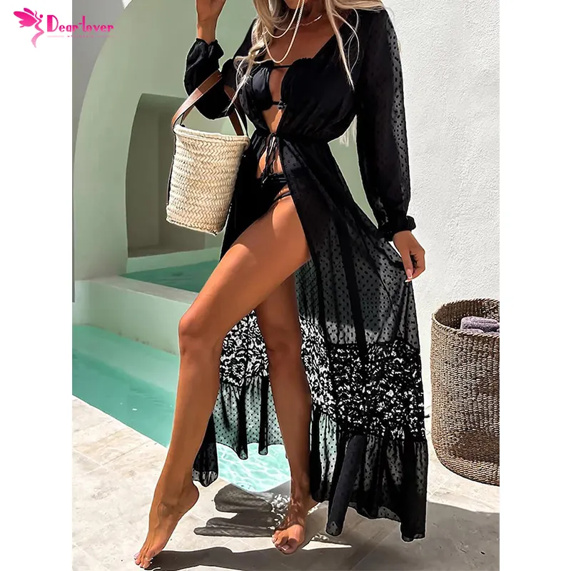 2023 New Spring Autumn Black Polka Dot Mesh Lace Cutout Beach Knitted Open Front Cardigan Women Sweater