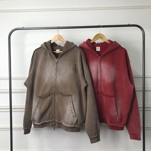 <span class=keywords><strong>Felpa</strong></span> con Cappuccio e Zip in Cotone Pesante 400gsm di Alta Qualità, Lavaggio Acido, Stampa a Rilievo, Stile Vintage <span class=keywords><strong>Hip</strong></span> <span class=keywords><strong>Hop</strong></span> per Uomo - Product Image 3