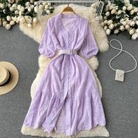 Robe Chemise Midi Décontractée d'Été en Coton Gaufré à Col en V, Manches Bulles, Boutonnée et Brodée de Dentelle, Marque Privée, pour Femme avec Ceinture