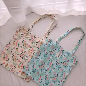 Bolso de compras de lona de algodón natural polvo impreso logotipo personalizado con estampado floral bolso de mano con cordón personalizado para viajar