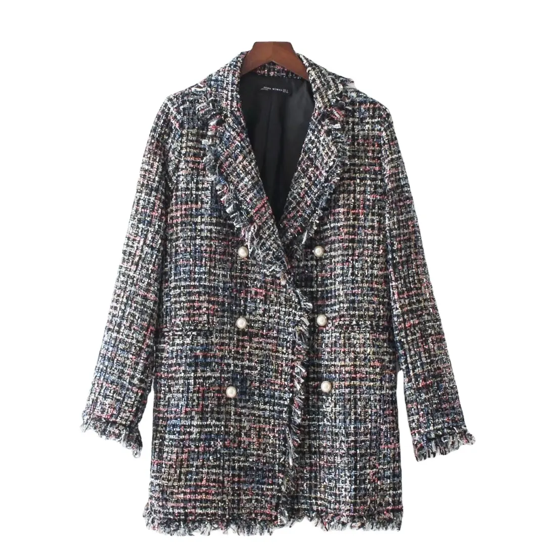 Abrigo de talla grande para mujer, abrigo largo de tweed con hebilla de perla y flecos, Otoño e Invierno