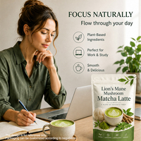 Latte aux champignons matcha, mélange de 4 ingrédients : Lion's Mane, Ashwagandha, Moringa, pour la calme, la concentration et l'énergie