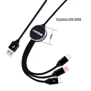 Câble de chargement pour téléphone portable, 3 en 1, logo LED, coque en aluminium tressé et Nylon, 1.2 m, vente en gros en chine