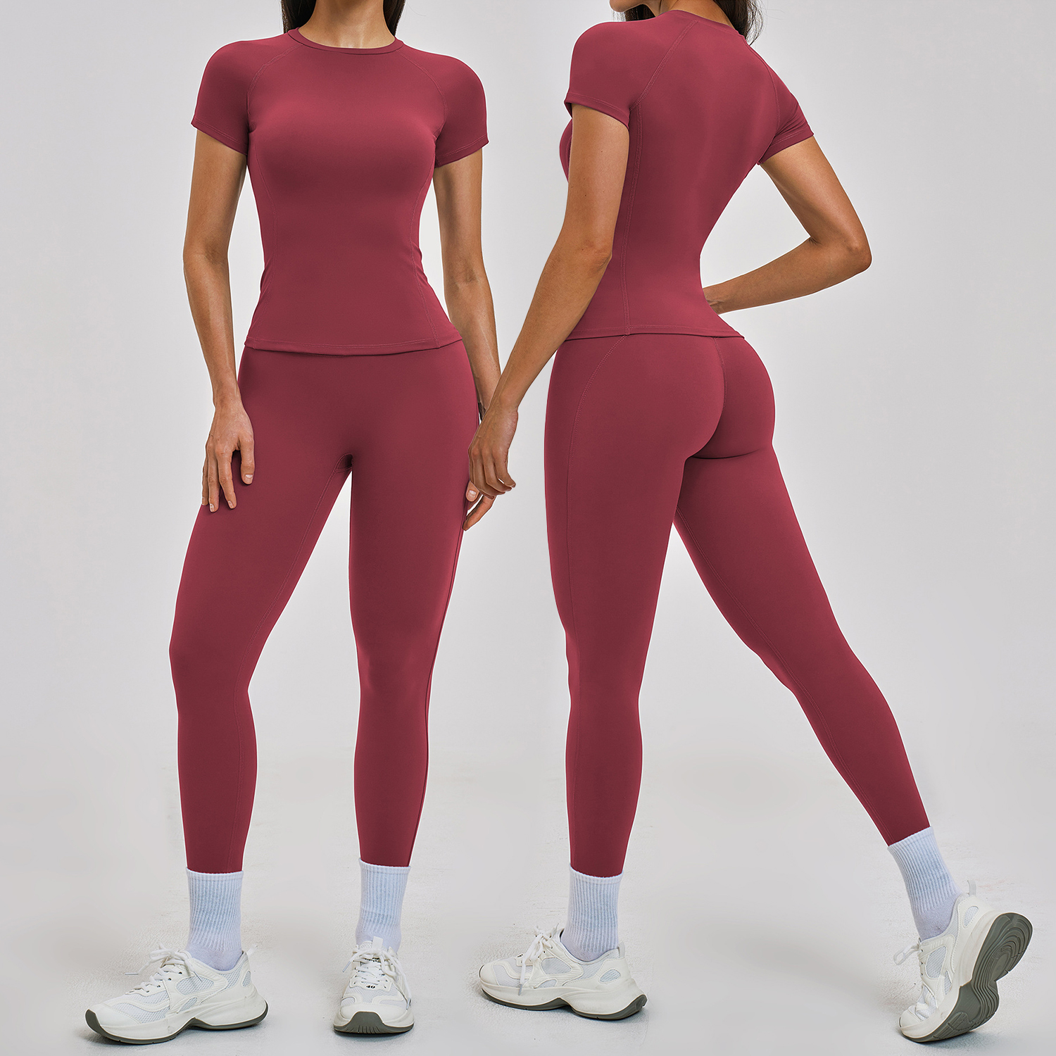 Women 2 Piece Yoga Outfit Summer Workout Sets Short Sleeve Crop Top Flare Leggings High Waist Gym Activewear for Fitness Running