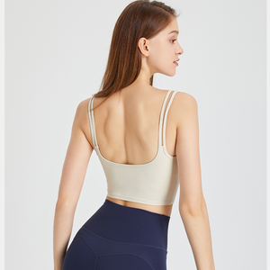 Top corto de yoga para mujer al por mayor con cuello cuadrado, tirantes finos dobles, almohadillas extraíbles, ajuste ceñido, para pilates y gimnasio - Product Image 2
