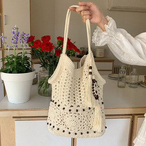 Bolso de Hombro Étnico de Gran Capacidad, Estilo Forestal, Artístico, Calado, con Borlas, de Algodón Tejido, para Vacaciones en la Playa, Color Blanco Roto - Product Image 1