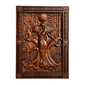 Panneau en <span class=keywords><strong>bois</strong></span> sculpté <span class=keywords><strong>Mara</strong></span> Goddess, Plaque murale avec figure féminine Forêt sous la lune, Bordure en nœuds, Décoration gothique en <span class=keywords><strong>bois</strong></span> sculpté pour la maison - Product Image 1