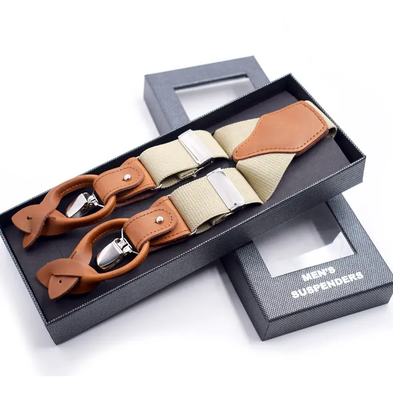 Custom Design Logo 3 Clips Genuine Leather Braces Y-Back Shape Men Stretch Elastic Suspender with Gift Box