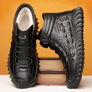 Bottes d'hiver pour hommes, noires, doublées de polaire, en cuir de vachette, à lacets, chaudes, résistantes au froid, chaussures d'extérieur - Product Image 2