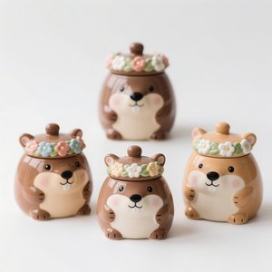 Pot à biscuits en céramique Capybara mignon avec couronne de fleurs 3D - Adorable boîte à friandises en forme d'<span class=keywords><strong>animal</strong></span>, décoration Kawaii pour la maison et la cuisine - Product Image 1