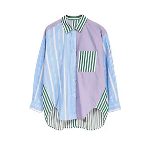 New Design Custom Colorful Stripe Pattern Long Sleeve Lapel Breast Pocket Button Down Fashion Women Blouse Shirt For Daily Wear