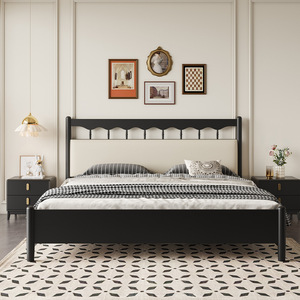 Retro Black Solid Wood Bed 1.5M 1.8M Platform With Soft Headboard For Master Bedroom - Product Image 3