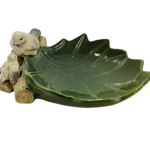 Hand Made Ceramic Bird Feeder Green Glazed with Bird Decoration Leaf Shape custom acceptable gifts and crafts
