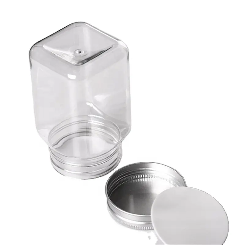 BPA liberamente contenitore di stoccaggio in plastica da 500 ml barattolo quadrato per Snack/biscotti per cani/gatti che confezionano barattolo quadrato trasparente con coperchio in alluminio