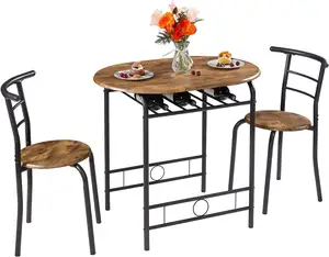 3 Piece Small Round Dining Table Set for Kitchen Breakfast Nook, Wood Grain Tabletop with Wine Storage Rack, Save Space
