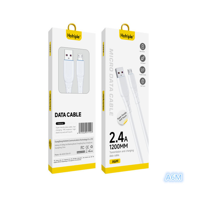A6M 1.2M Soft TPE Micro USB Data Cable 3A Fast Charging Type-C Mobile Power for Android V8 Phones Super Durable for Computer