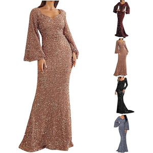 V-Neck <b>Sequined</b> Bodycon Long Evening Gown <b>Flared</b> Sleeve Mermaid Fit Formal Dress Women's Party Wear - Product Image 1