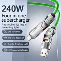 Kabel Pengisian Daya USB C 240W 4 in 1, USB A ke USB C 8 Pin, Nylon Braided, Zinc Alloy, Lampu RGB, Grosir OEM