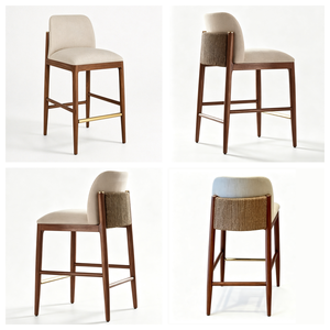 Tabouret <span class=keywords><strong>de</strong></span> <span class=keywords><strong>bar</strong></span> en bois massif <span class=keywords><strong>de</strong></span> noyer <span class=keywords><strong>de</strong></span> style moderne du milieu du siècle, repose-pieds en laiton, revêtement beige, panneau arrière tissé texturé - Écologique - Product Image 3