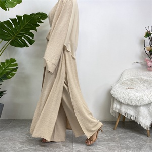 1958# New Style Three Piece Women <b>Cardigan</b> Set Muslim Open Abaya Sleeveless Top and Elastic Waist Loose Pant With Pockets Sets - Product Image 3