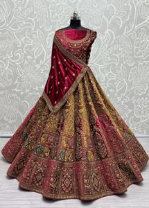 Moderna Colección Nupcial para Mujer, Lehenga Choli de Terciopelo hasta el Suelo, Antiarrugas, con Bordado Pesado y Parches, Traje de Boda, el Mejor - Product Image 3