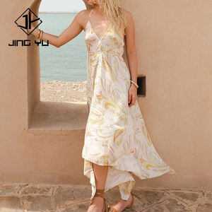 Custom-designed <b>Bohemian</b>-style printed V-neck flowy slip <b>dress</b> high-quality breathable rayon backless <b>dress</b> - Product Image 1