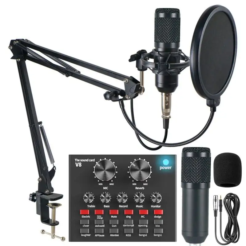 Set Kartu Suara Audio V8 Profesional, <span class=keywords><strong>Mikrofon</strong></span> Kondensor BM800 untuk Skype Langsung Rekaman Game Karaoke YouTuber