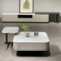 Meubles de salon modernes, tables basses modulaires carrées, plateau en marbre avec tiroirs, structure en bois, meuble TV en pierre