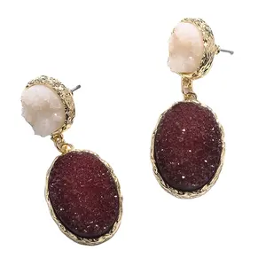 Fashion Geometric Imitation Drusy Gemstone Drop Earrings Oval Burgundy and Black Resin Druzy Pendant Earrings